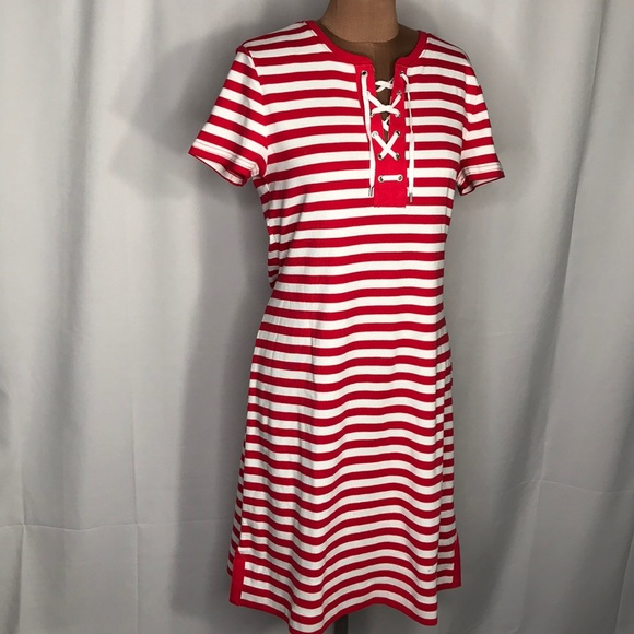 Chaps Dresses & Skirts - New Red White Stripe Lace Up T Shirt Dress Large